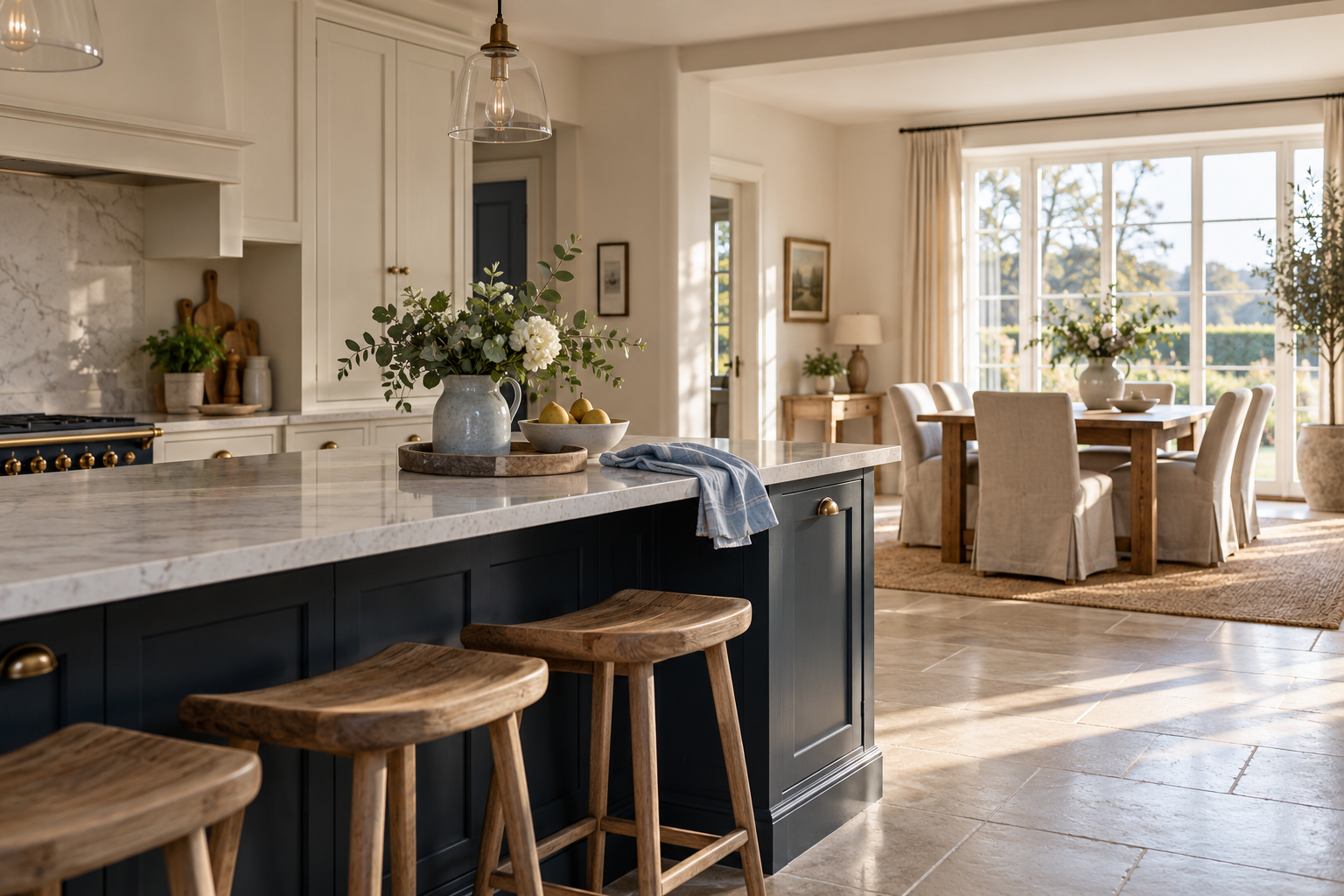 A beautifully finished kitchen and dining room in soft natural light